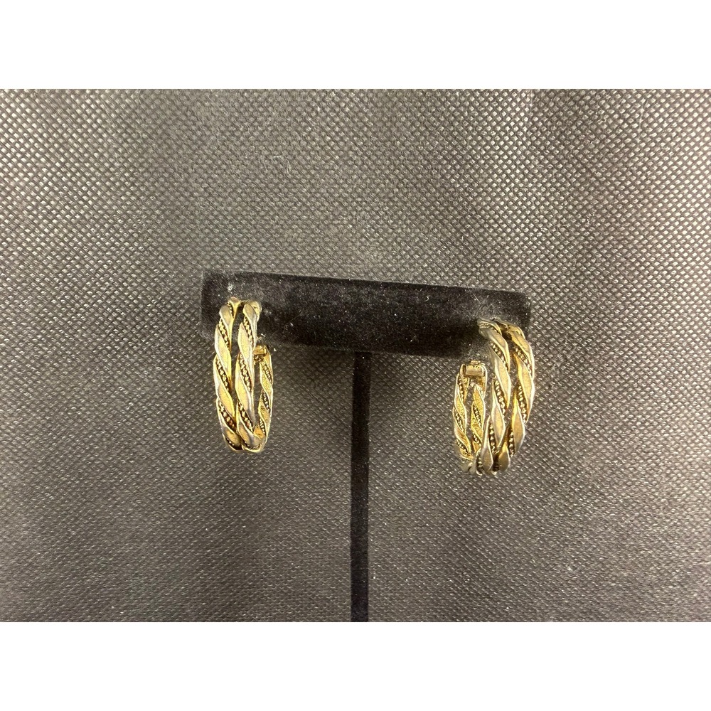 Vintage Bergère Gold‑Tone Rope Hoop Earrings – Clip‑On – Tarnished Patina